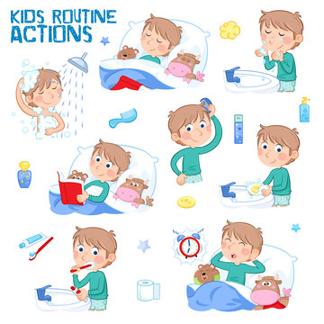 Daily routine actions of a little boy with light brown hair - Set of eight cute illustrations - Isolated - White background