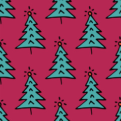 Seamless vector of free hands christmas tree on pastel pink background for making many kinds of online and offline media, paper printing or fabric work