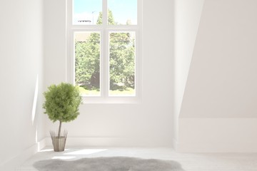 White empty room with summer landscape in window. Scandinavian interior design. 3D illustration