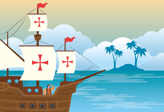happy columbus day national usa holiday, with ship carabela on sea vector illustration design