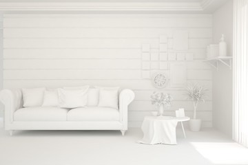 White minimalist living room with sofa. Scandinavian interior design. 3D illustration