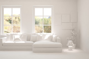 White minimalist living room with sofa. Scandinavian interior design. 3D illustration