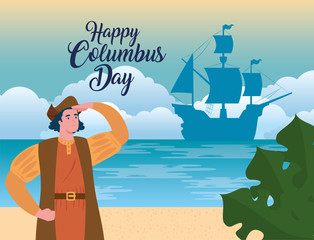 happy columbus day national usa holiday, with christopher columbus watching on beach vector illustration design