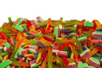 Assorted gummy candies. Top view. Jelly  sweets background.