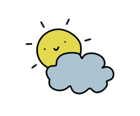 Cute sun looks out from behind a cloud children's illustration