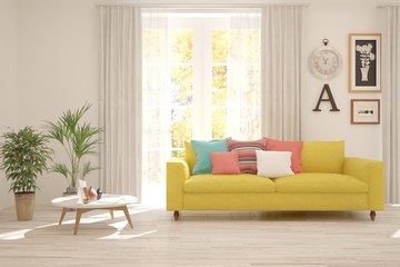 White living room with sofa. Scandinavian interior design. 3D illustration
