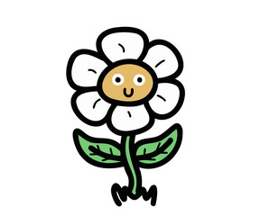 Merry daisy smiles. Cute vector flower character. Chamomile flower vector. Isolated on white background. Character for coloring book. Page for children's creativity.