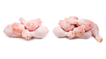 Tasty raw chicken legs. Top view. Isolated on white