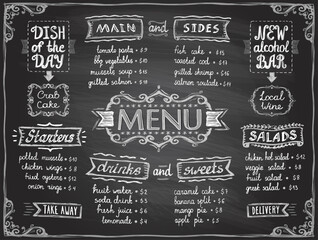 Chalk menu list blackboard design for cafe or restaurant - obrazy, fototapety, plakaty