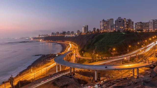 Aerial panoramic view of Lima's Coastline in the neighborhood of Miraflores day to night transition timelapse, Lima, Peru. Road traffic with junction and beach with ocean from Husares De Junin