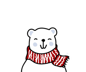 Happy Teddy bear in red scarf on snowy background