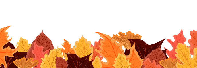 Bright fall autumn leaves harvest border baner. Colorful vector illustration with red, orange, brown and yellow leaves isolated on white background.