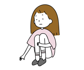 Sitting girl happy. Nice smiling girl. A girl is thinking - coloring page