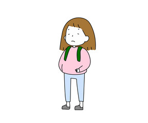 Cute girl with a backpack stands and thinks