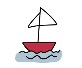 Red ship sailing in the sea children's illustration
