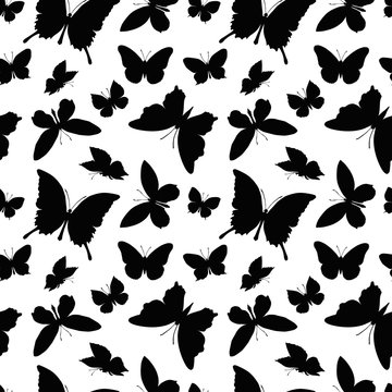 Seamless pattern of black silhouettes of butterflies on a white background, print for fabric, background for various designs, interior decor, etc.