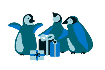 Hand drawn vector illustration with cute penguins celebrate new year\ Christmas with gift boxes