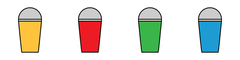 Conjunto de bebidas. Bebidas, jugos o refrescos. Vaso con tapa redonda. Logos. Bebidas frías de verano. Ilustración vectorial estilo plano