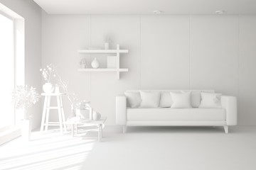 White minimalist living room with sofa. Scandinavian interior design. 3D illustration