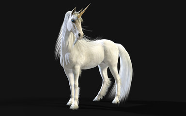 Obraz na płótnie Canvas 3d Illustration Mythical White Unicorn Posing Isolate on Dark Background with Clipping Path.