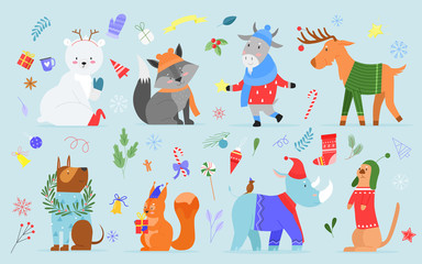 Christmas animal vector illustration set. Cartoon cute hand drawn zoo collection with funny animal characters enjoy xmas holidays, dressed in winter costumes or accessories, sweater, hat and scarf