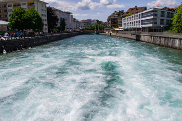 view of the seething river in the city of Thun in Switzerland