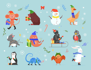 Fototapeta na wymiar Animal celebrate Christmas vector illustration set. Cartoon hand drawn zoo collection with wildlife animal xmas characters greeting and celebrating winter holidays with gifts, flags, festive clothing