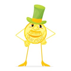 Funny cartoon golden one cent with hat