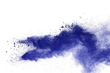 Blue powder particle splash isolated on white  background