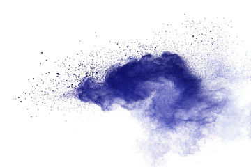 Blue powder particle splash isolated on white  background