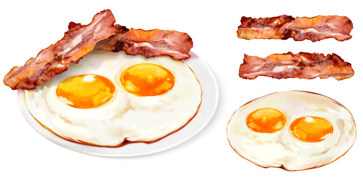 Illustration of appetizing egg breakfast traditional morning meal elements for your menu design on white background. Two sunny-side up eggs and yummy bacon served on white dish.