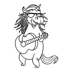 Adorable Unicorn with dreadlocks wearing sunglasses and skullcap with rastafarian flag colors playing a guitars and sing Cartoon Vector