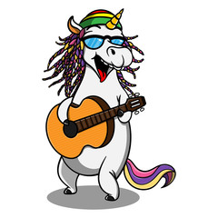 Fototapeta na wymiar Unicorn with dreadlocks wearing skullcap with rastafarian flag colors playing a guitars and sing Cartoon Vector
