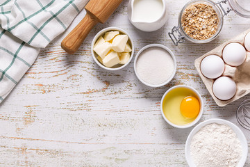 Ingredients for baking  - flour, eggs, salt, sugar, milk.