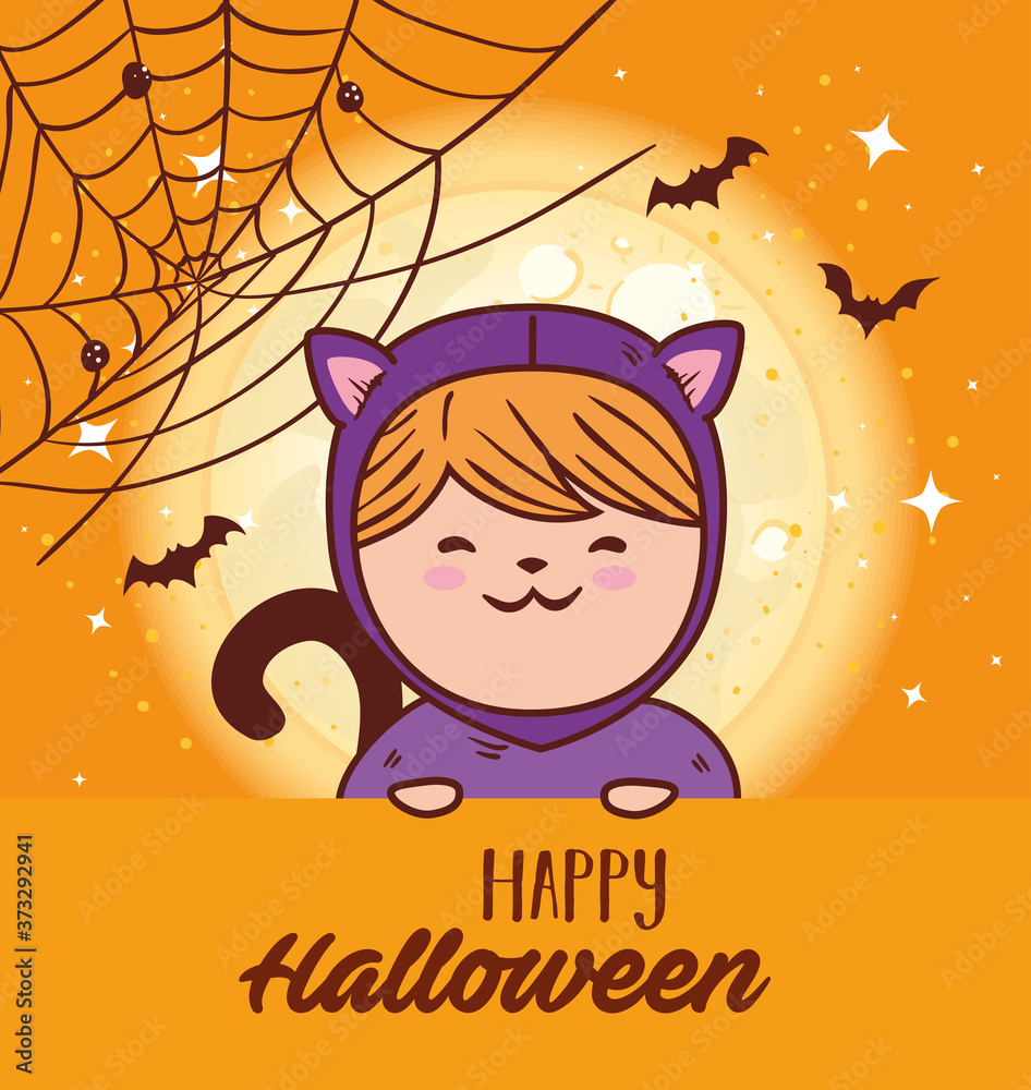 Canvas Prints girl disguised of cute cat for happy halloween celebration with bats flying vector illustration desi