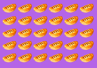Pattern of puff buns with jam on a purple background.