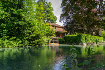 Fototapeta na wymiar garden with a pond and a beautiful house in Switzerland