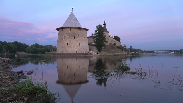 A July evening at the Flat the tower (timelapse). Pskov Kremlin, Russia