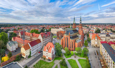 Legnica, Poland. Aerial panorama of city with cathedral of St. Peter and Paul