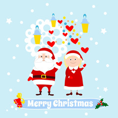 Santa Claus and Mrs. Santa Claus waving their hands. Christmas and New Year set. Vector illustration of christmas cartoon characters. Merry greeting card for greeting square cards.