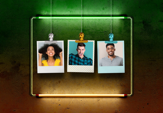 Blank Instant Photo Frames and Neon Light Mockup