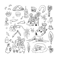Set of attributes of the Ukrainian traditional Christmas: devil with a bag, folk dishes Kutia and dumplings, didukh, divination, godfathers, Christmas carols, church, candles, star, dinner, sheep.