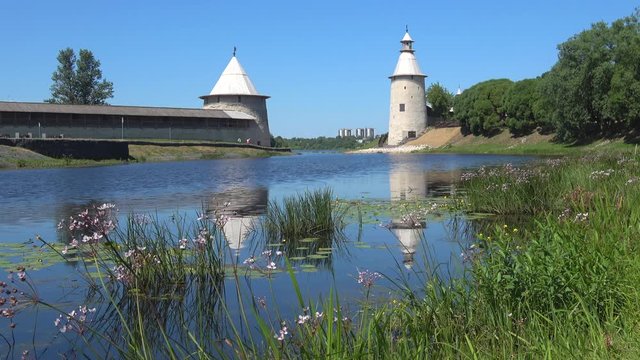 Sunny July day on the Pskova river. Pskov, Russia 