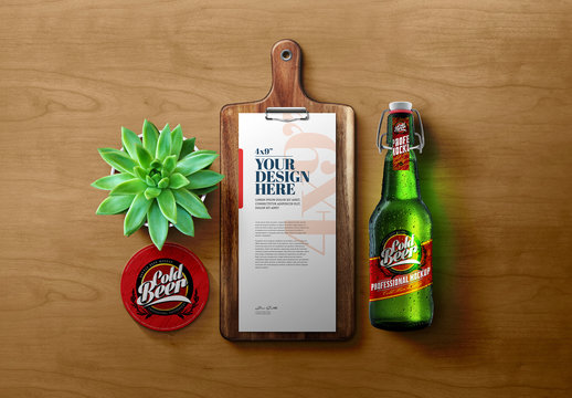 Cold Beer Bottle and Paper Menu on Wood Cutting Board Mockup