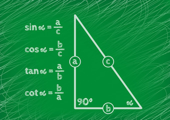 Trigonometric functions in a right triangle drawn on a green board. Graphic presentation for math teachers.	