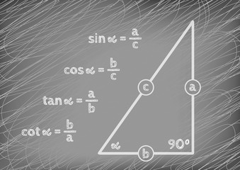 Trigonometric functions in a right triangle drawn on a gray board. Graphic presentation for math teachers.	