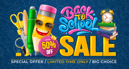 Back to school sale. Advertising banner design template with cheerful cartoon pencil, brush etc. Calligraphy lettering. Pattern with school subjects on blue background. Vector illustration.