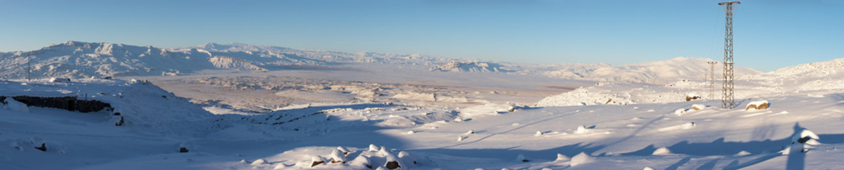 Winter panorama of abandoned village at Mount Ararat, Turkey