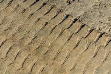 Impints of the truck tires on sand near quarry. Earthworks, offroad