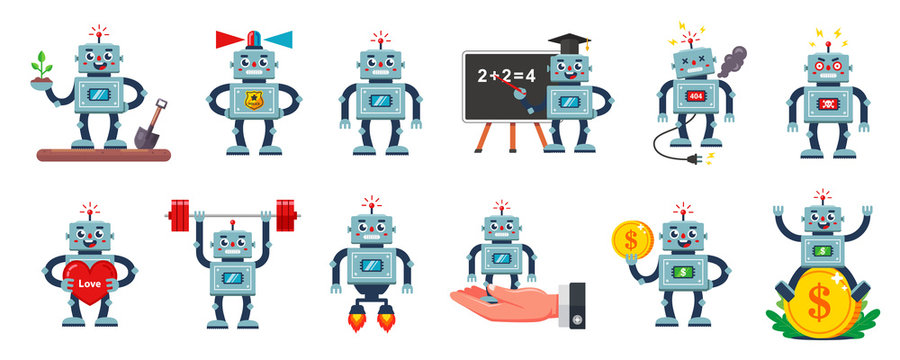 collection of illustrations of a character of a robot of different profession and situation. Hadroid policeman, teacher, businessman, gardener and crazy robot. flat vector image on white background.